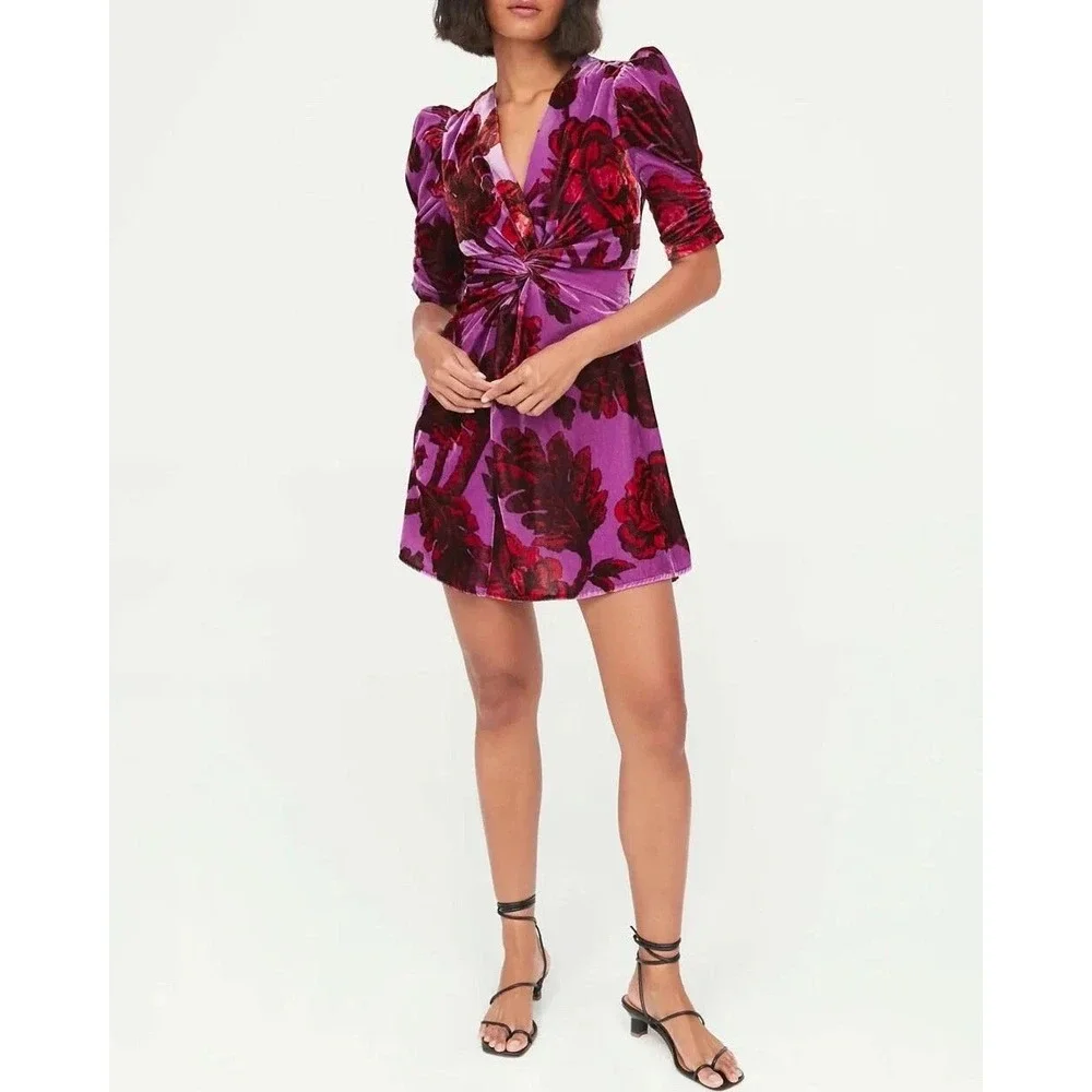 Rhode Leanna Mini Dress Womens Purple Red Velvet Floral Size M - Picture 2 of 9